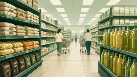 Ilustração: corredor interno de supermercado brasileiro com prateleiras de arroz, óleo, massas e café, e clientes desfocados