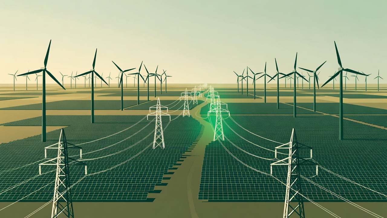 Imagem: Bairrista/IA. Ilustração sobre: Symbolic, non-literal editorial illustration (no reenactment of the event, no people): A vast renewable energy landscape at golden hour, wit
