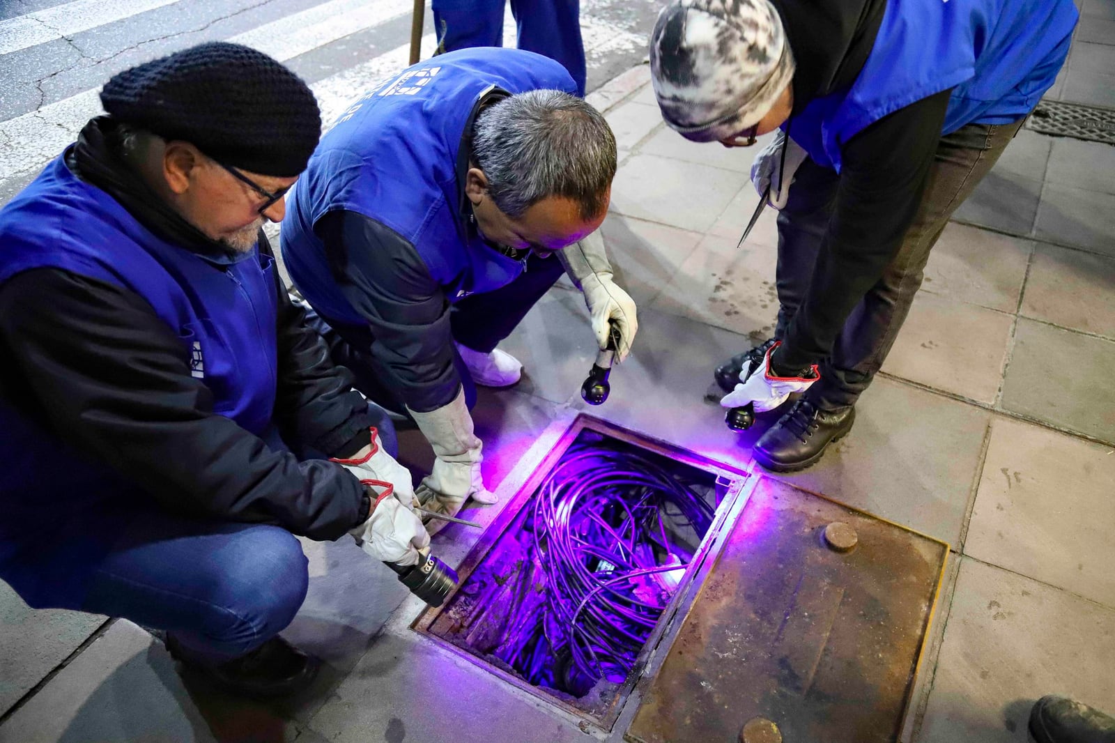 Agentes da vigilância ambiental da Prefeitura de Porto Alegre inspecionam uma caixa na calçada com lanternas ultravioleta, em busca de escorpiões.