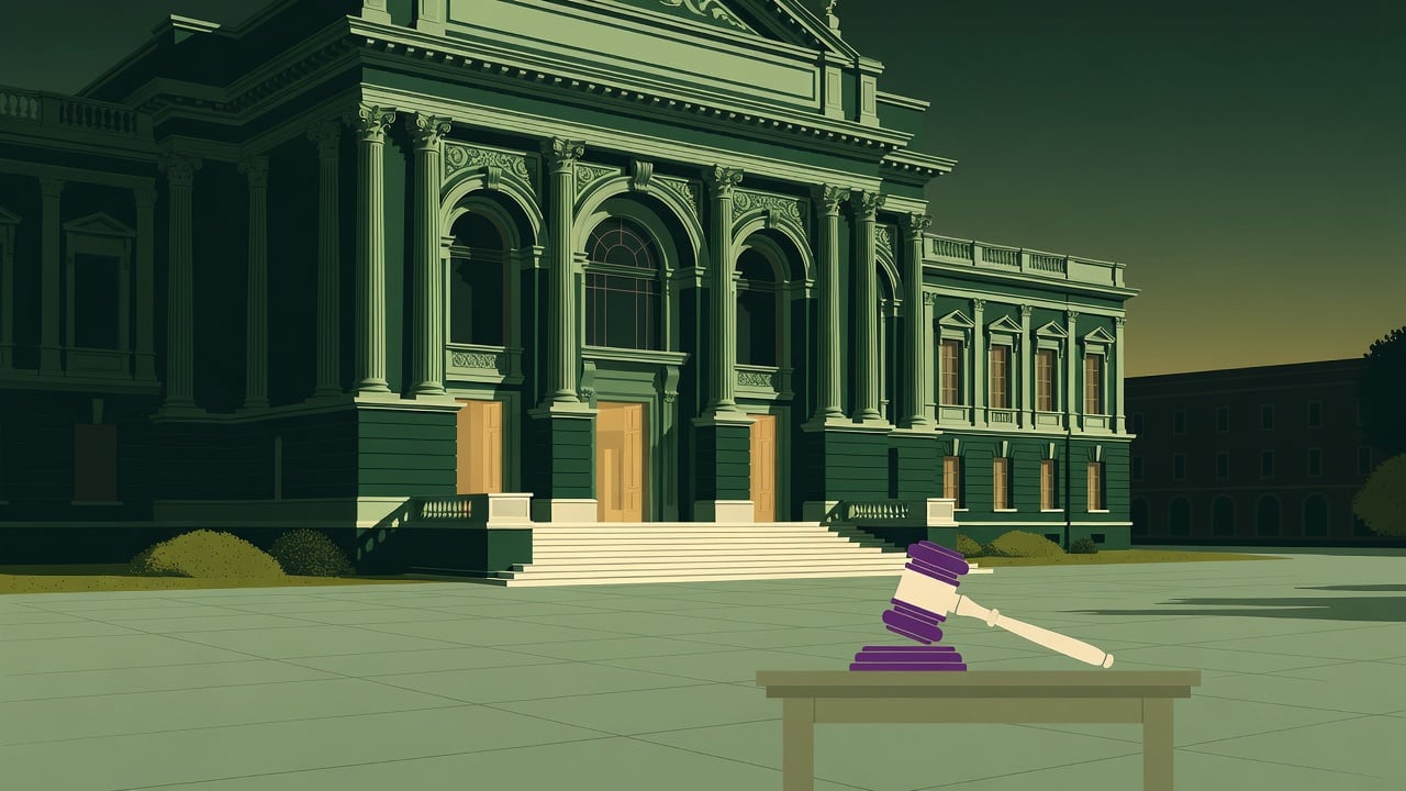 Ilustração: fachada de teatro histórico, representando o Theatro Guarany, de Pelotas, a leilão