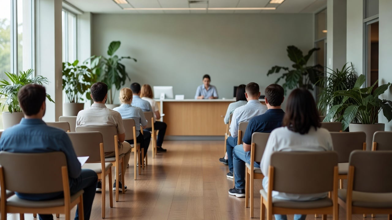 Ilustração do Bairrista sobre: A bright, modern public employment office waiting area with wooden flooring, rows of chairs where job seekers wait under daylight from large