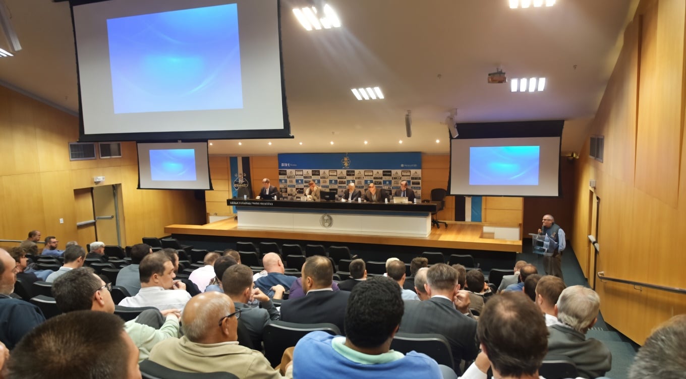 Conselheiros do Grêmio reunidos em auditório da sede, em evento de governança do clube.