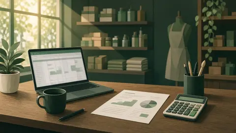 Ilustração: mesa de loja com notebook, planilhas borradas, formulário impresso e calculadora sob luz quente de fim de tarde