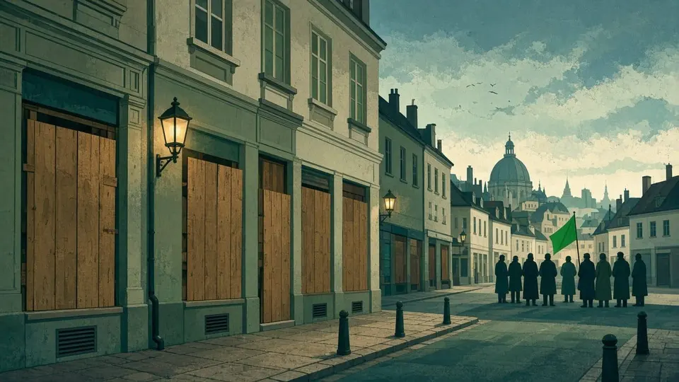 Ilustração: rua de cidade europeia ao entardecer, com vitrines fechadas por painéis de madeira e pequenas silhuetas reunidas