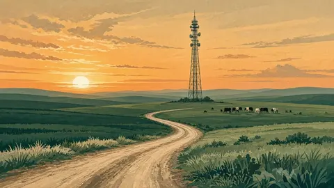 Ilustração: torre de telecomunicações isolada em um campo rural verde e plano ao pôr do sol, com gado pastando ao longe