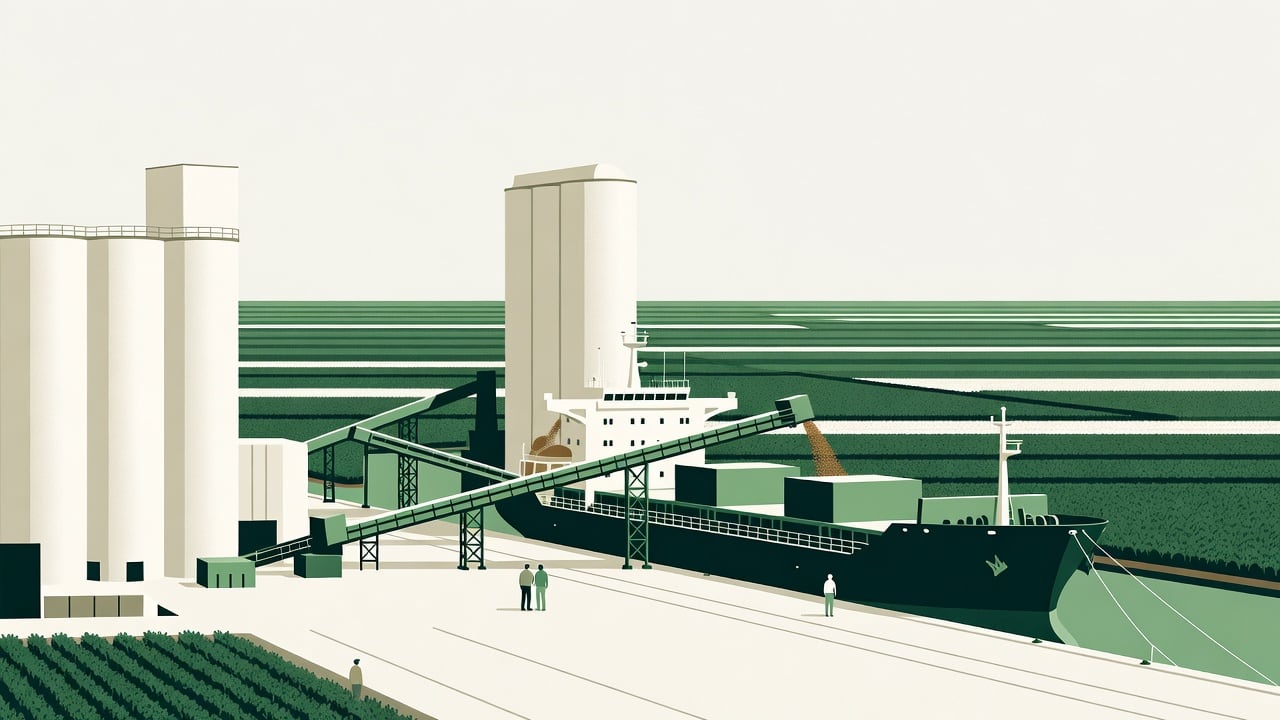 Ilustração do Bairrista sobre: A coastal bulk grain export terminal at daytime, with tall grain silos, a cargo ship moored at the dock being loaded with soybeans, and rows