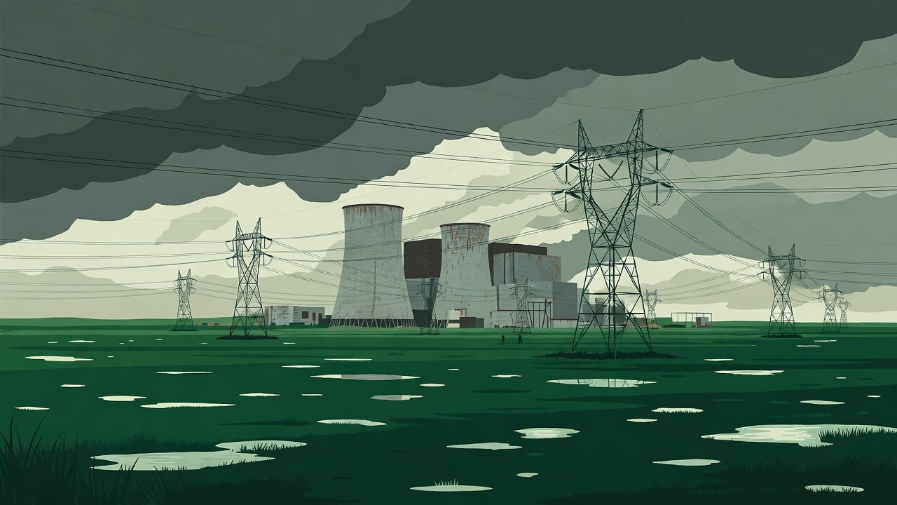 Ilustração do Bairrista sobre: Symbolic, non-literal editorial illustration (no reenactment of the event, no people): A large, idle thermoelectric power plant with weather