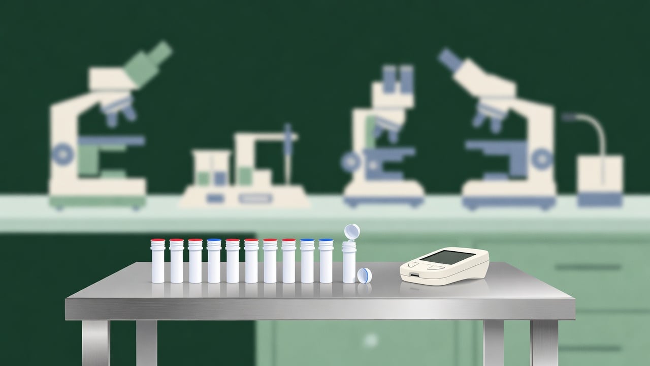 Ilustração do Bairrista sobre: Symbolic, non-literal editorial illustration (no reenactment of the event, no people): A clean, bright laboratory with a stainless steel tab