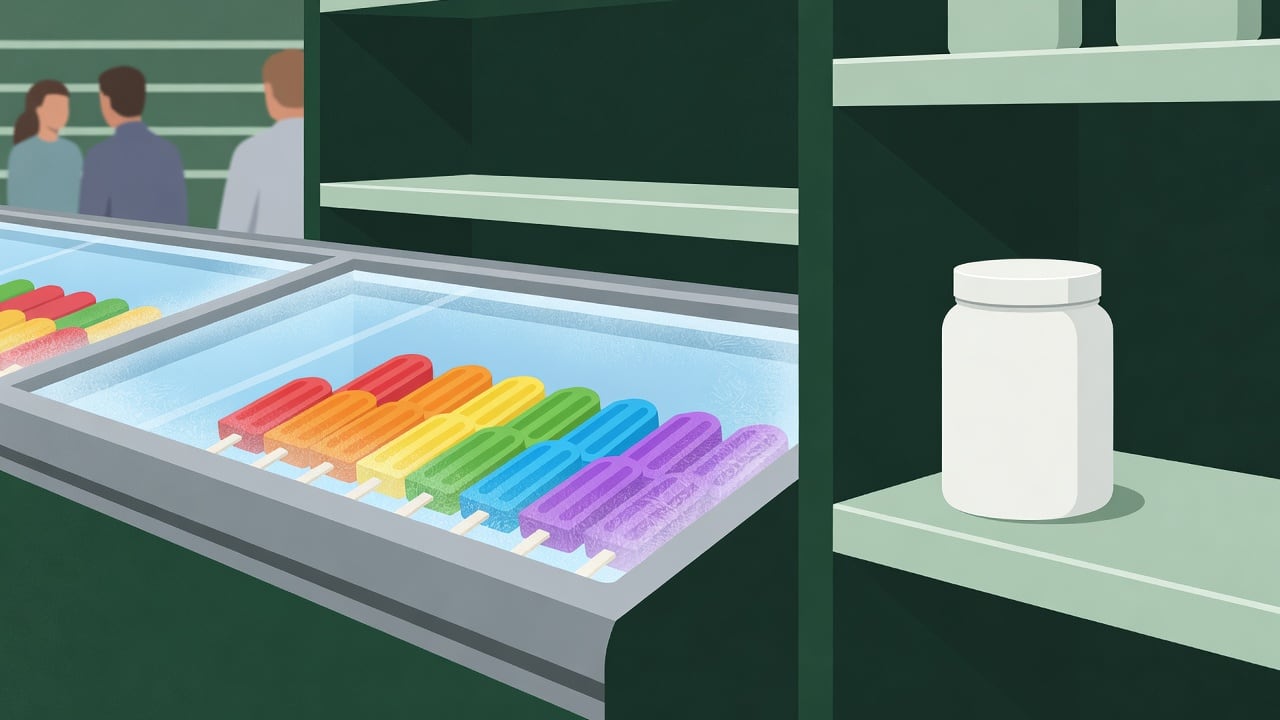 Ilustração do Bairrista sobre: Close view of a supermarket freezer case filled with colorful ice pops in a row, cool blue light and frost on the glass, with a plain white