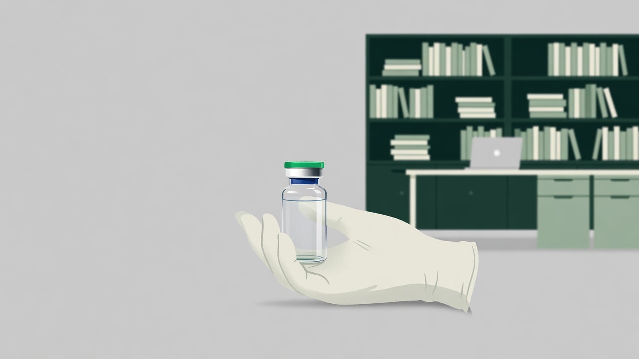 Ilustração do Bairrista sobre: Symbolic, non-literal editorial illustration (no reenactment of the event, no people): A small glass vial with a blue-and-silver cap held by