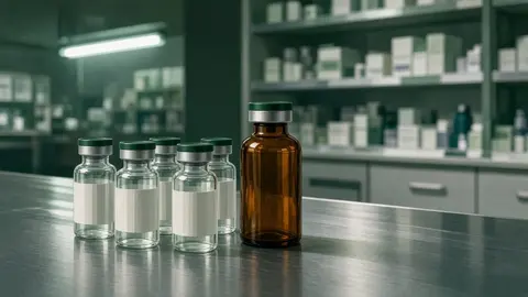 Ilustração: frascos de vidro e um frasco âmbar de medicamento injetável enfileirados sobre um balcão de aço inox de farmácia