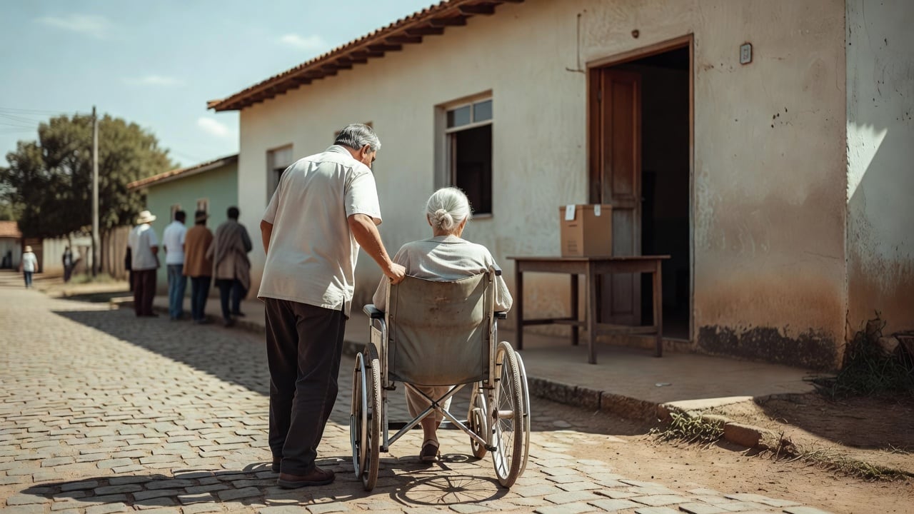 Ilustração do Bairrista sobre: Elderly woman in a wheelchair seen from behind, pushed by a family member, approaching the entrance of a simple school building on a sunny B