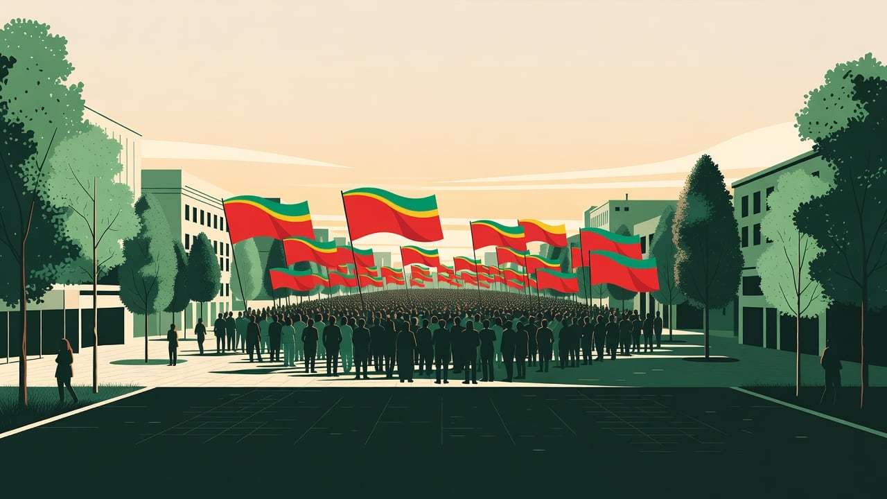 Ilustração do Bairrista sobre: Symbolic, non-literal editorial illustration (no reenactment of the event, no people): Late-afternoon view of a broad urban plaza in a south
