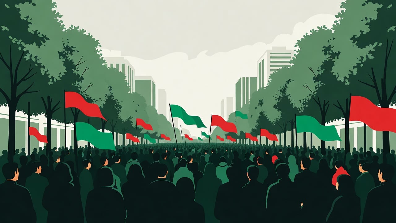 Ilustração do Bairrista sobre: Symbolic, non-literal editorial illustration (no reenactment of the event, no people): A dense crowd gathers under an overcast, windy sky on
