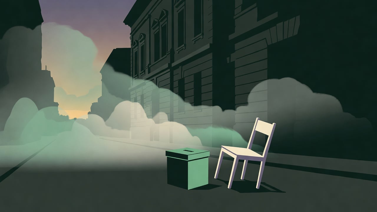 Ilustração do Bairrista sobre: Symbolic, non-literal editorial illustration (no reenactment of the event, no people): A dusky city street at twilight, with a classic stone