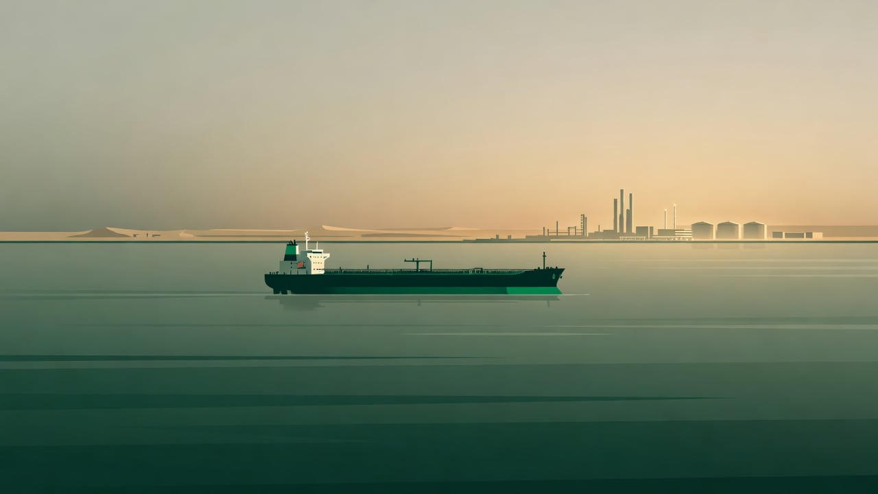 Ilustração do Bairrista sobre: Symbolic, non-literal editorial illustration (no reenactment of the event, no people): A large oil tanker crossing calm sea waters at dusk,