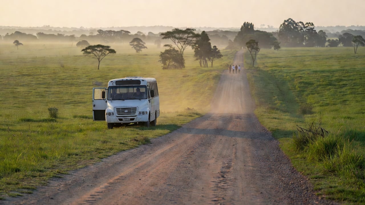 Ilustração do Bairrista sobre: Dusty rural dirt road in southern Brazil at early morning, a white school-style bus parked on the gravel with its door open, soft sunrise li