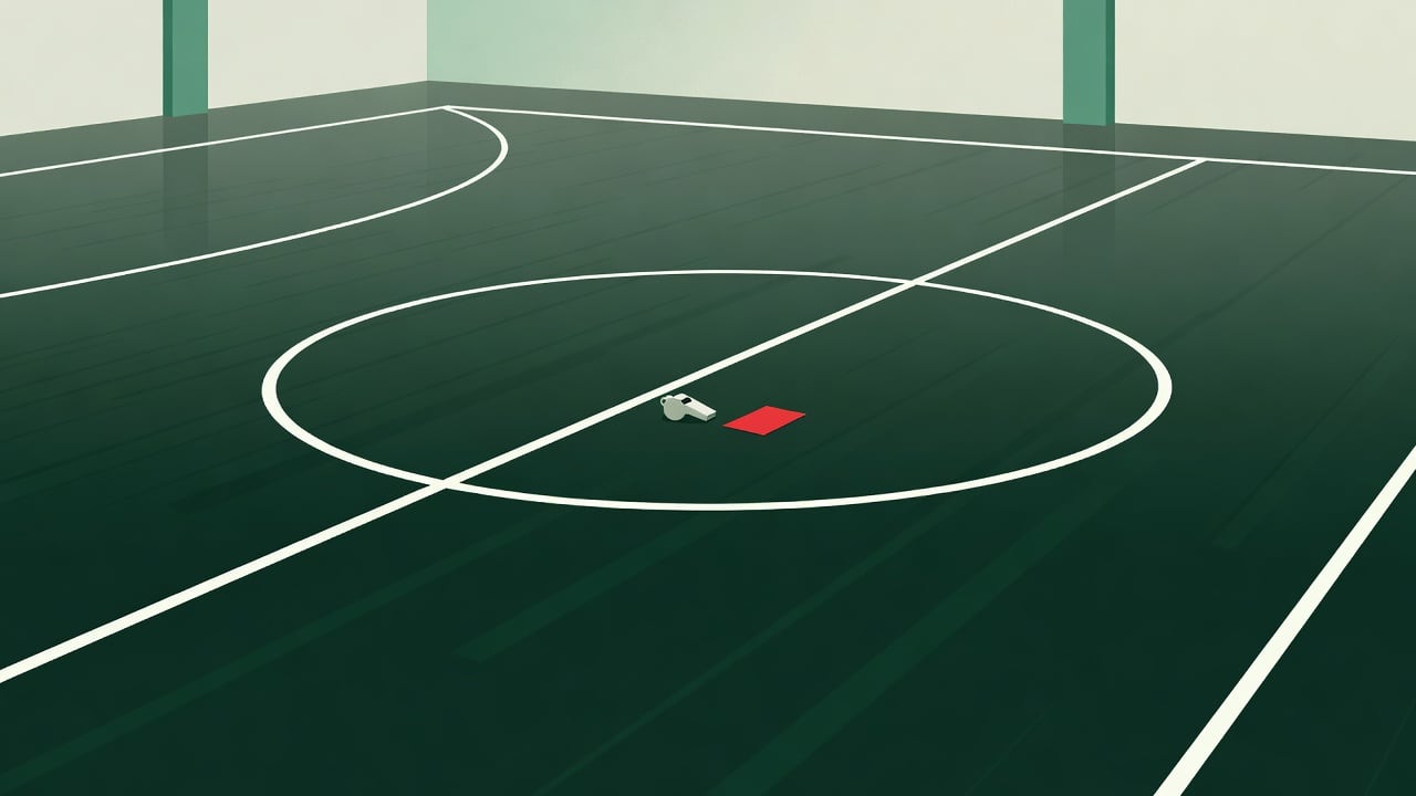 Ilustração do Bairrista sobre: Symbolic, non-literal editorial illustration (no reenactment of the event, no people): An empty indoor futsal court with bright white bounda