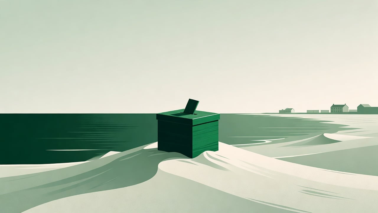 Ilustração do Bairrista sobre: Symbolic, non-literal editorial illustration (no reenactment of the event, no people): A symbolic coastal scene: a wooden ballot box standin