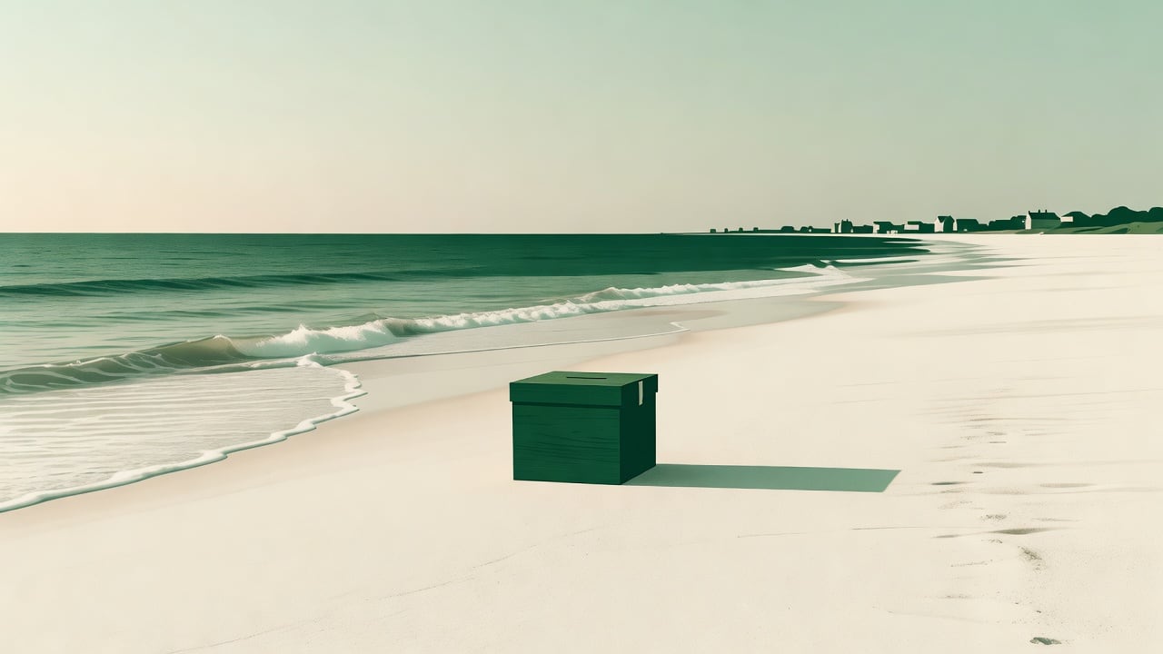 Ilustração do Bairrista sobre: Symbolic, non-literal editorial illustration (no reenactment of the event, no people): A simple wooden ballot box standing alone on a wide,