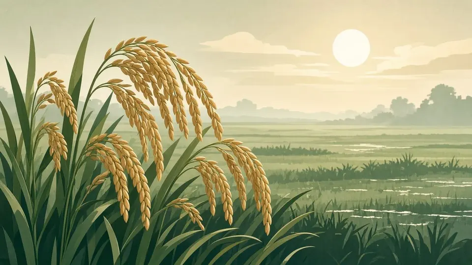 Ilustração: panículas douradas de arroz pendendo sobre talos verdes em uma lavoura alagada, sob luz quente do fim da tarde