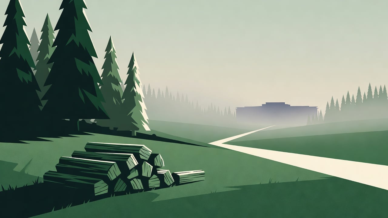 Imagem: Bairrista/IA. Ilustração sobre: Symbolic, non-literal editorial illustration (no reenactment of the event, no people): A quiet, misty hillside at dawn with a stack of cut f