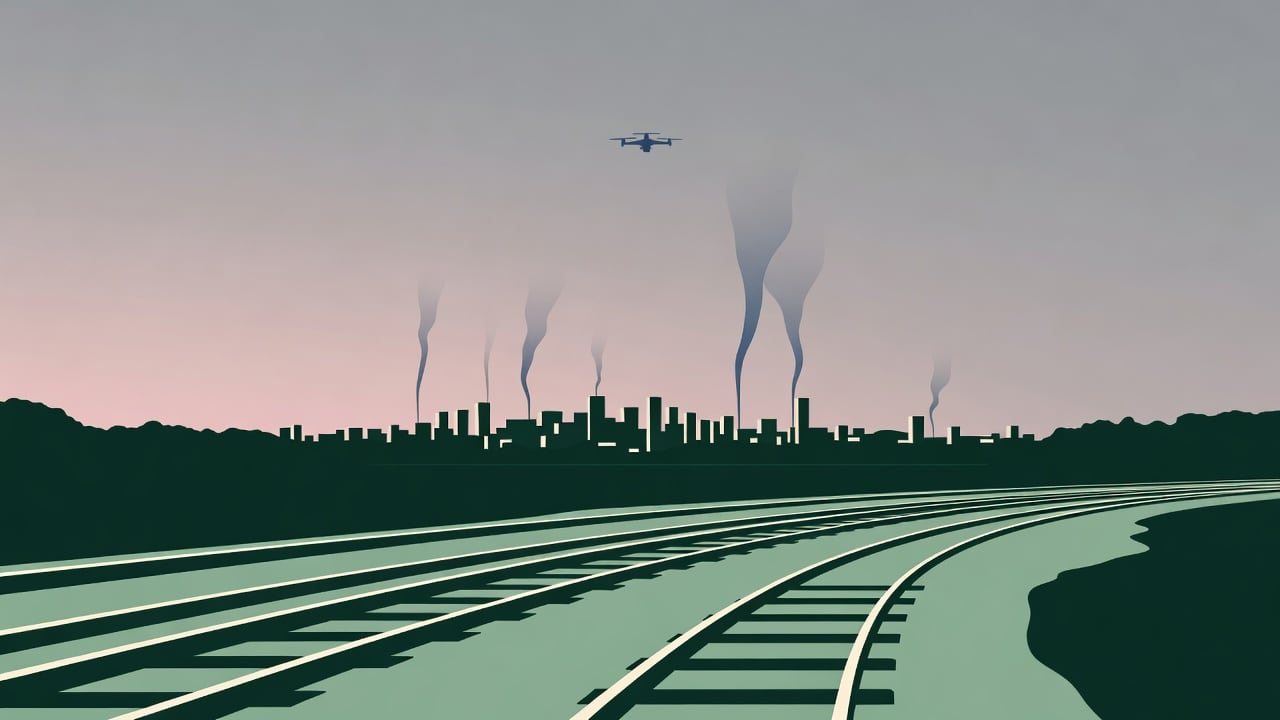 Ilustração do Bairrista sobre: Symbolic, non-literal editorial illustration (no reenactment of the event, no people): Symbolic dusk scene: a distant city skyline under a m