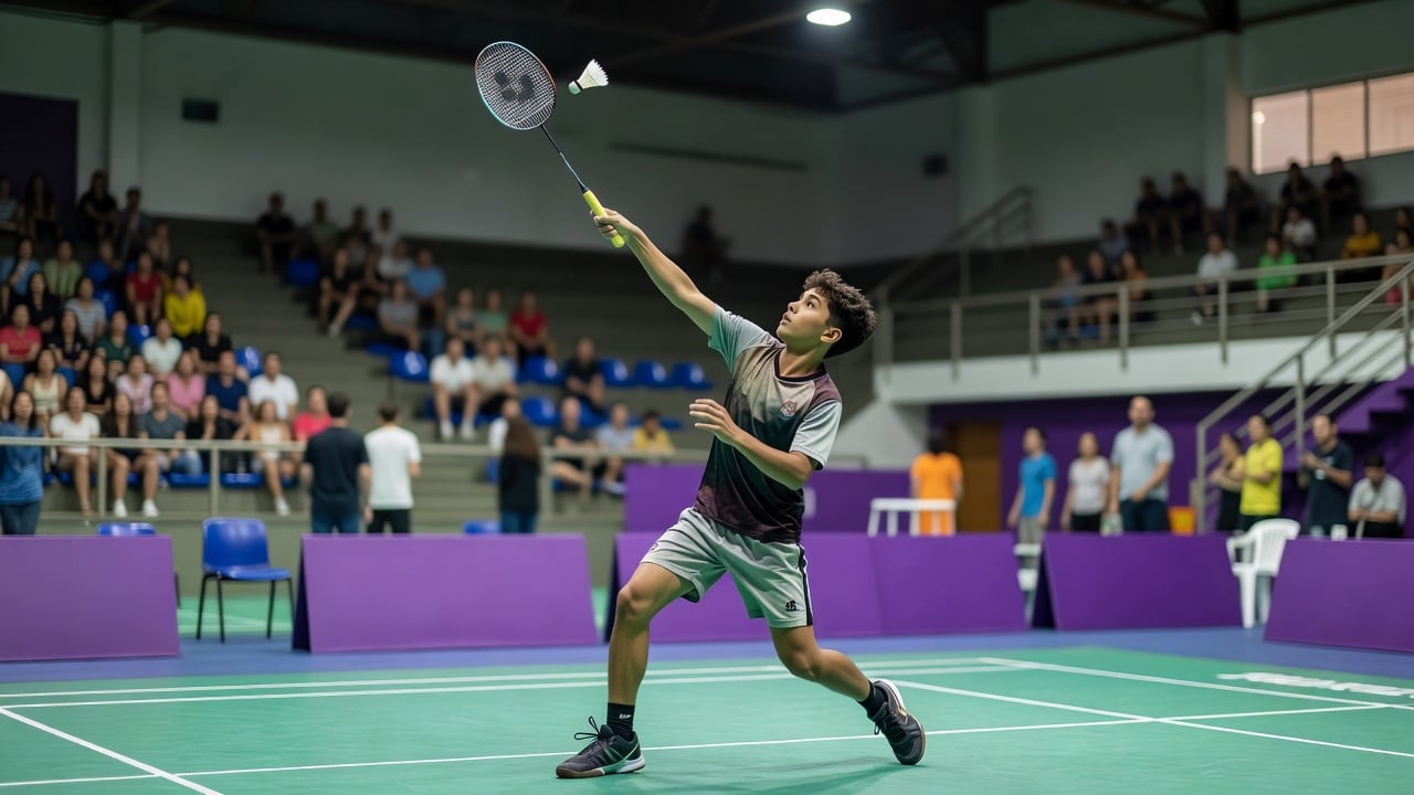 Ilustração: atleta de badminton rebate a peteca em quadra durante competição internacional