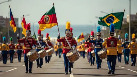 Banda marcial de metais e percussão, com uniformes coloridos e chapéus com plumas, desfilando em uma avenida de