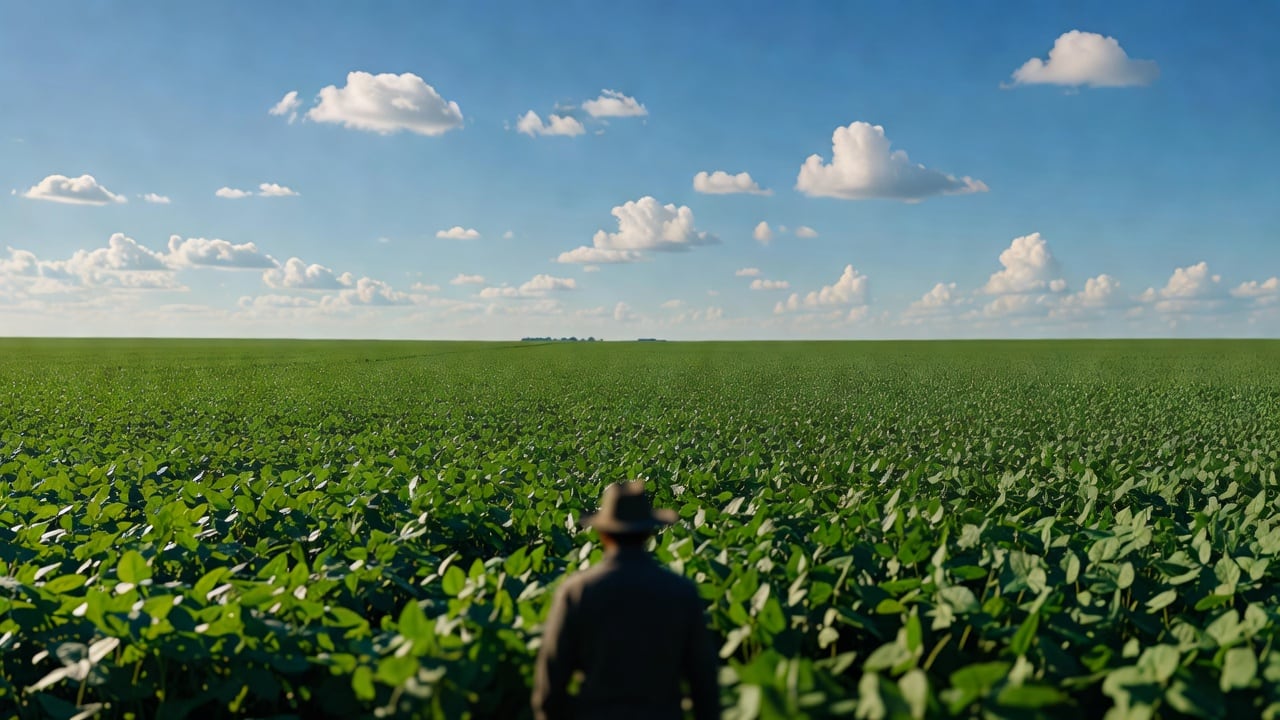Ilustração do Bairrista sobre: Wide open farmland of green soybean crops under a bright blue sky with scattered white cumulus clouds, a blurred silhouette of a farmer in a