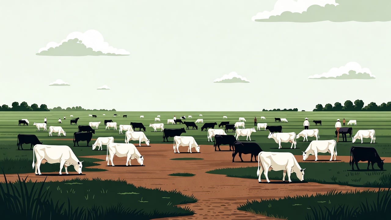 Ilustração do Bairrista sobre: A large herd of white and black cattle on open pasture under a bright sky with cumulus clouds, reddish-brown dirt ground, green fields and t