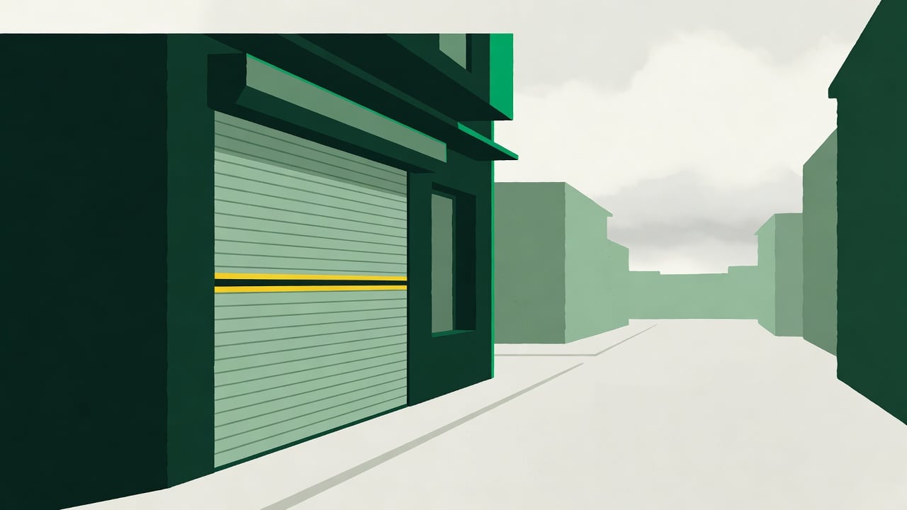 Ilustração do Bairrista sobre: Symbolic, non-literal editorial illustration (no reenactment of the event, no people): A closed small bakery storefront with a lowered metal