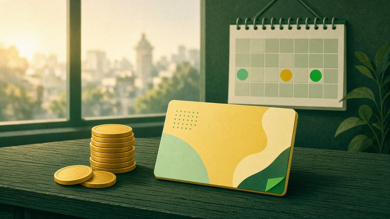 Ilustração: moedas douradas empilhadas ao lado de um cartão amarelo sobre mesa de madeira, com calendário na parede marcando