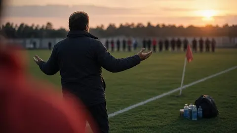 Treinador de pé na beira do gramado de um estádio ao entardecer, gesticulando com as mãos abertas para os jogadores