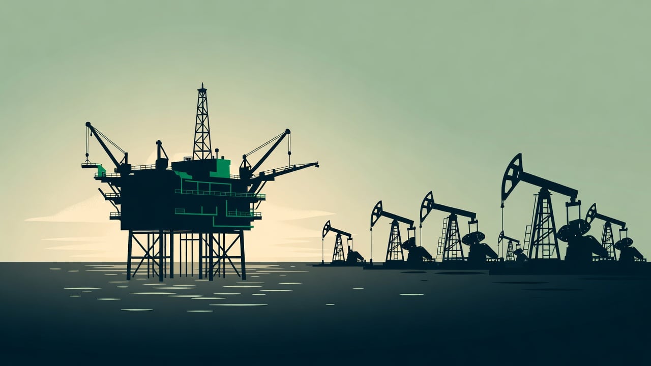 Ilustração do Bairrista sobre: Symbolic, non-literal editorial illustration (no reenactment of the event, no people): An offshore oil platform standing in calm blue sea un