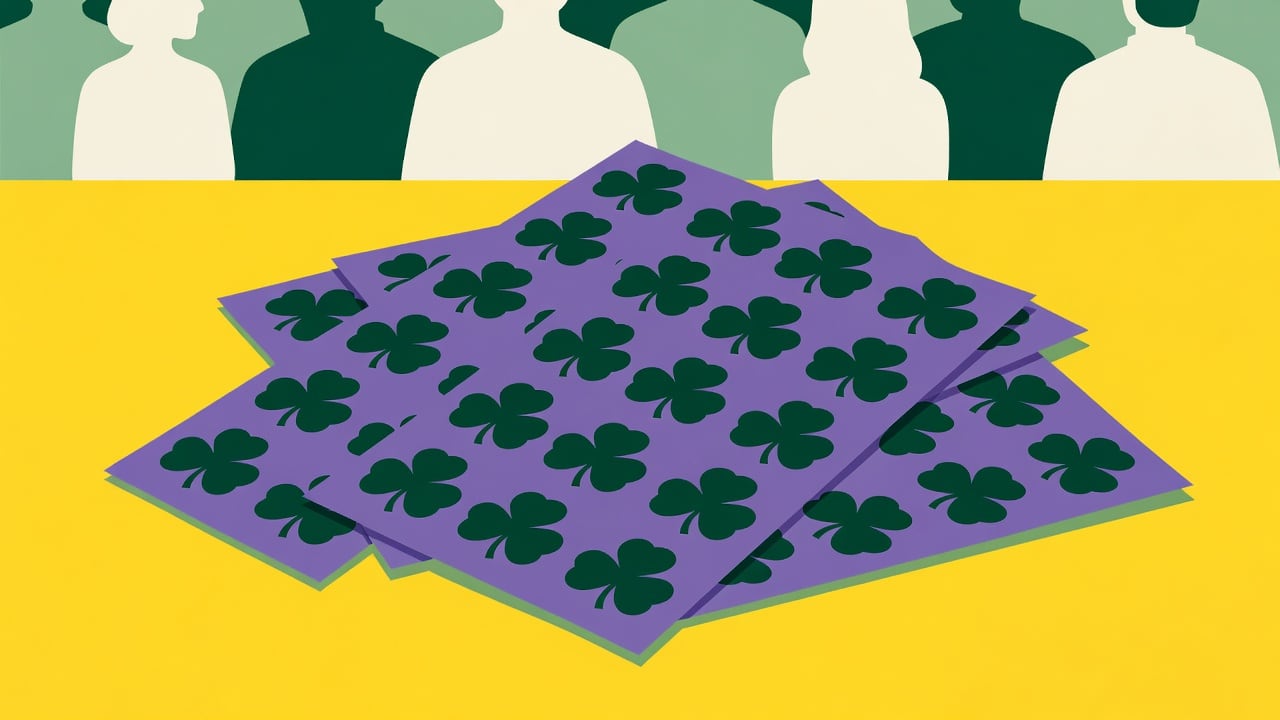 Ilustração do Bairrista sobre: Stacked purple lottery betting slips with a four-leaf clover motif lying on a bright yellow surface, suggesting luck and the anticipation of