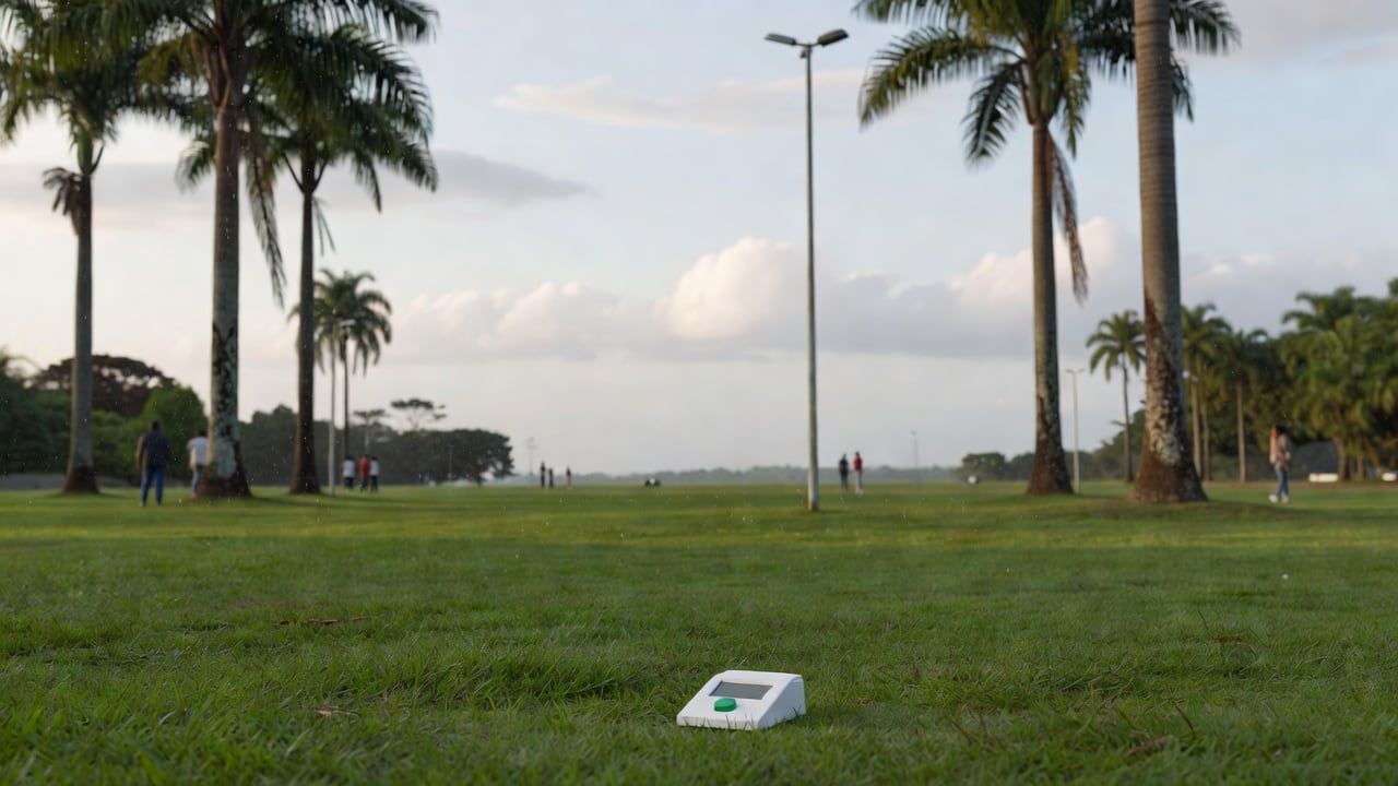 Ilustração do Bairrista sobre: Open grassy park with tall palm trees and a lone lamppost under a pale, overcast sky with drifting grey clouds and faint rain streaks on the
