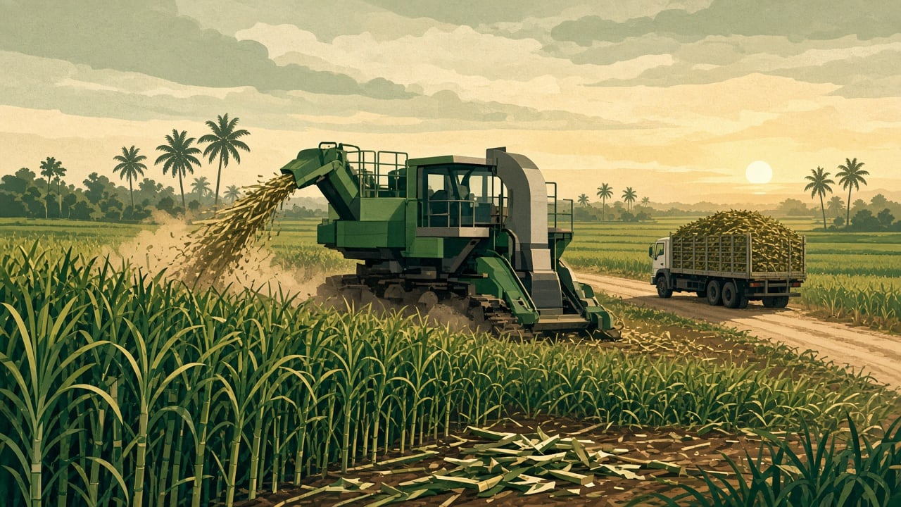 Ilustração do Bairrista sobre: Wide view of a mechanized sugarcane harvest on a flat tropical plantation in northeastern Brazil at golden hour, tall green cane stalks bein