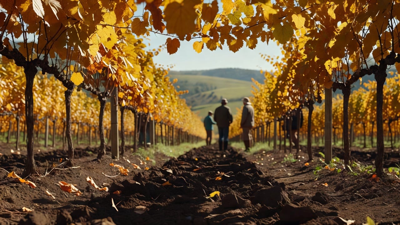 Ilustração do Bairrista sobre: An autumn vineyard in Brazil's Serra Gaúcha, with golden-yellow leaves on overhead trellised vines and freshly turned dark soil on the groun