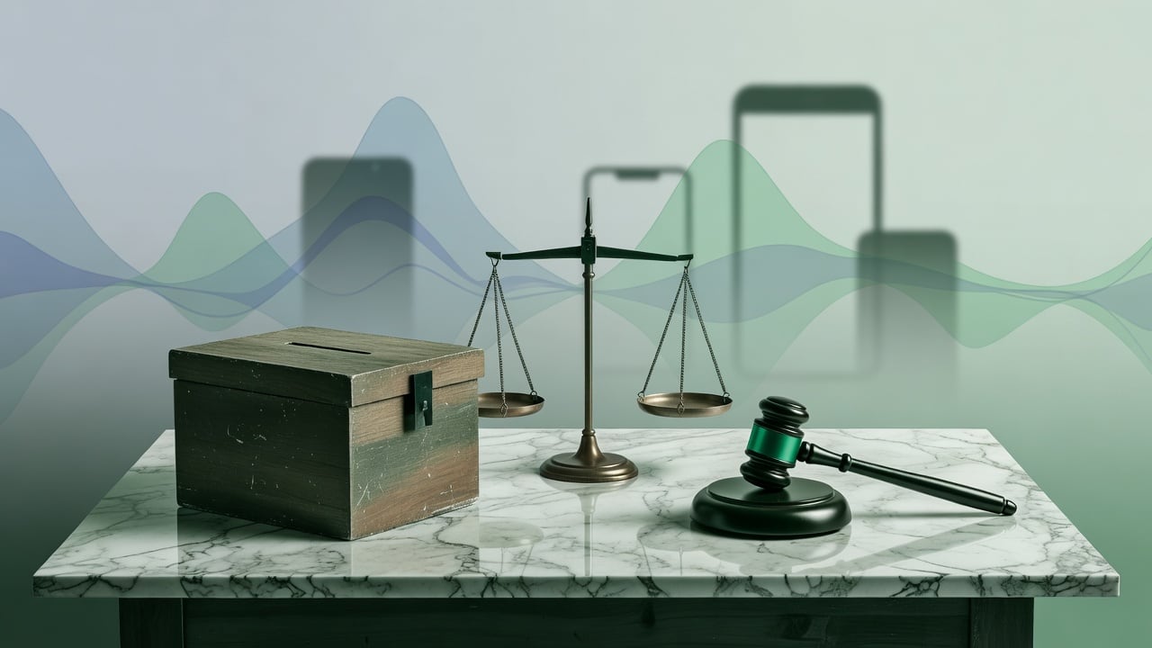 Ilustração do Bairrista sobre: Symbolic, non-literal editorial illustration (no reenactment of the event, no people): A symbolic scene of a wooden ballot box beside a bala