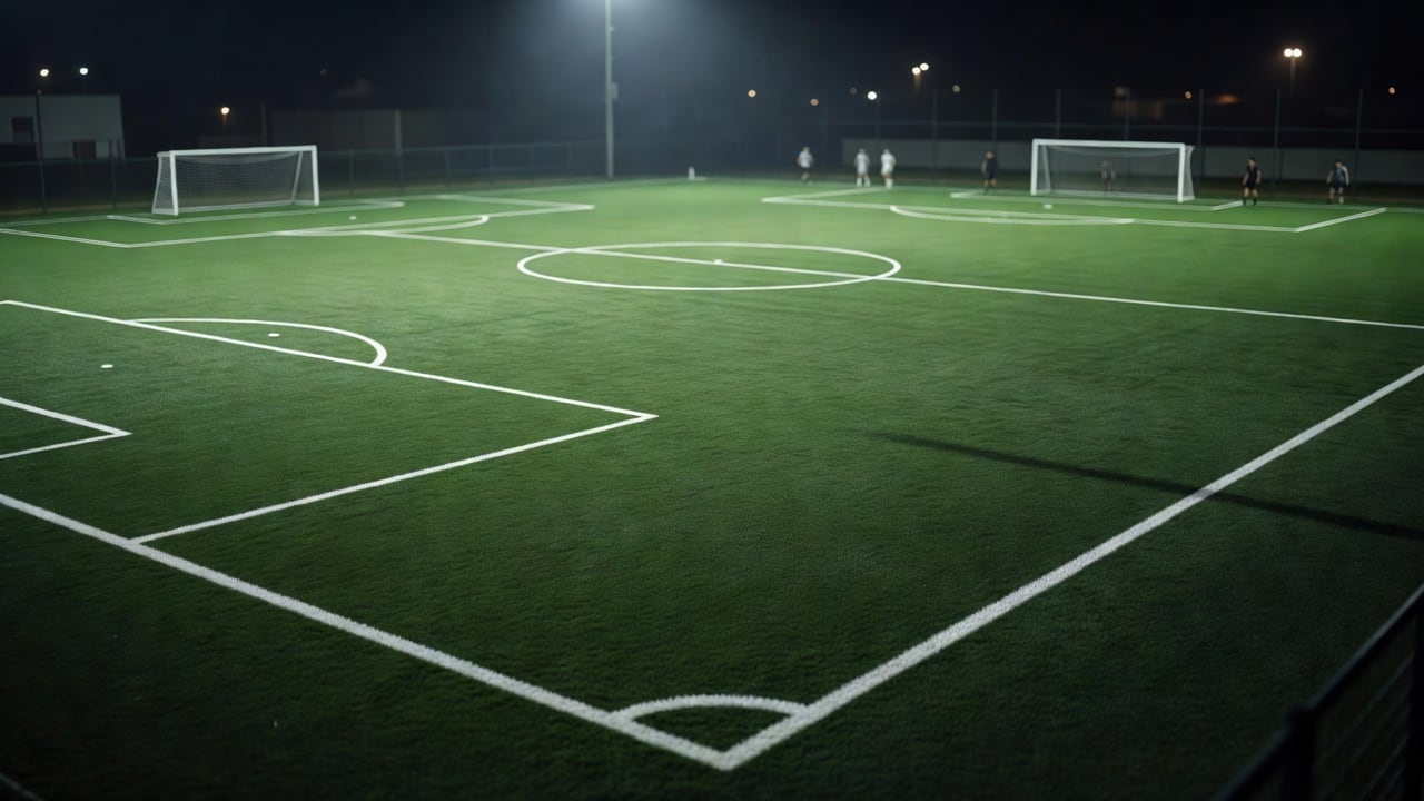 Ilustração do Bairrista sobre: Wide night view of a synthetic-grass five-a-side soccer pitch under bright floodlights, empty goals and white lines glowing, a few blurred f