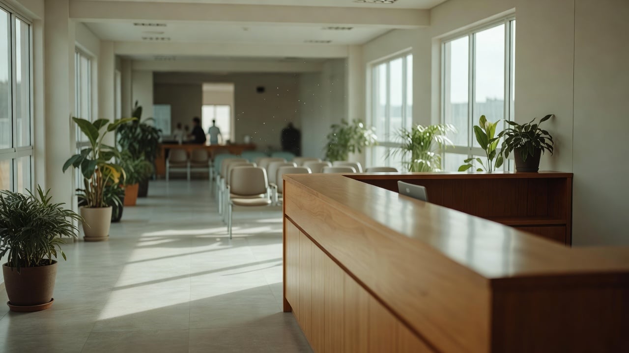 Ilustração do Bairrista sobre: Interior of a clean, bright public health clinic in southern Brazil, with a wooden reception counter, potted plants and soft natural light f