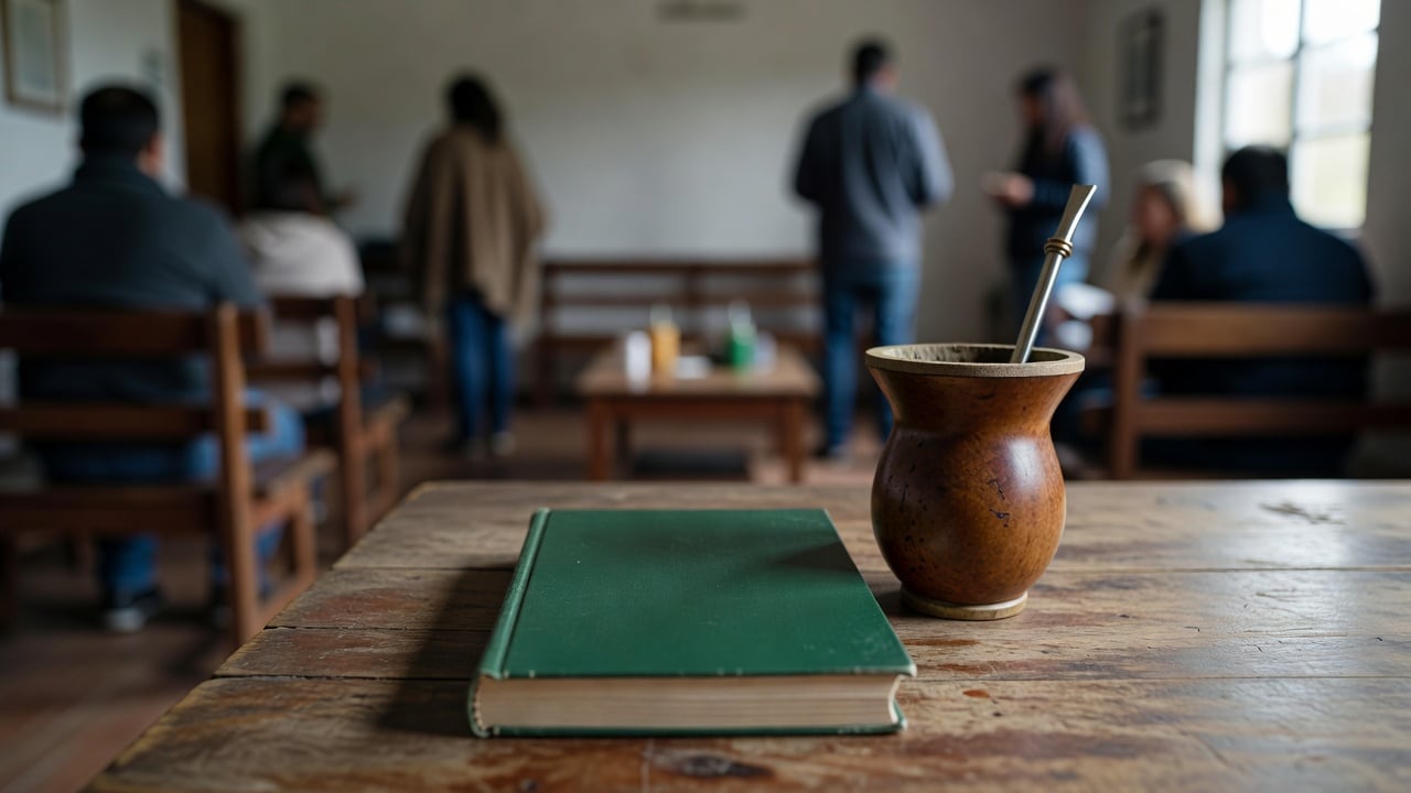 Ilustração do Bairrista sobre: Close-up of a hardcover book with a green cover resting on a rustic wooden table beside a traditional chimarrão gourd and bombilla, soft nat