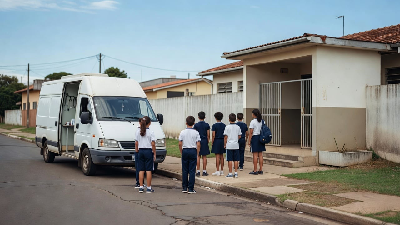Ilustração do Bairrista sobre: Exterior view of a white mobile clinic van parked beside a simple public school entrance in a Brazilian suburb at midday, with a few childre