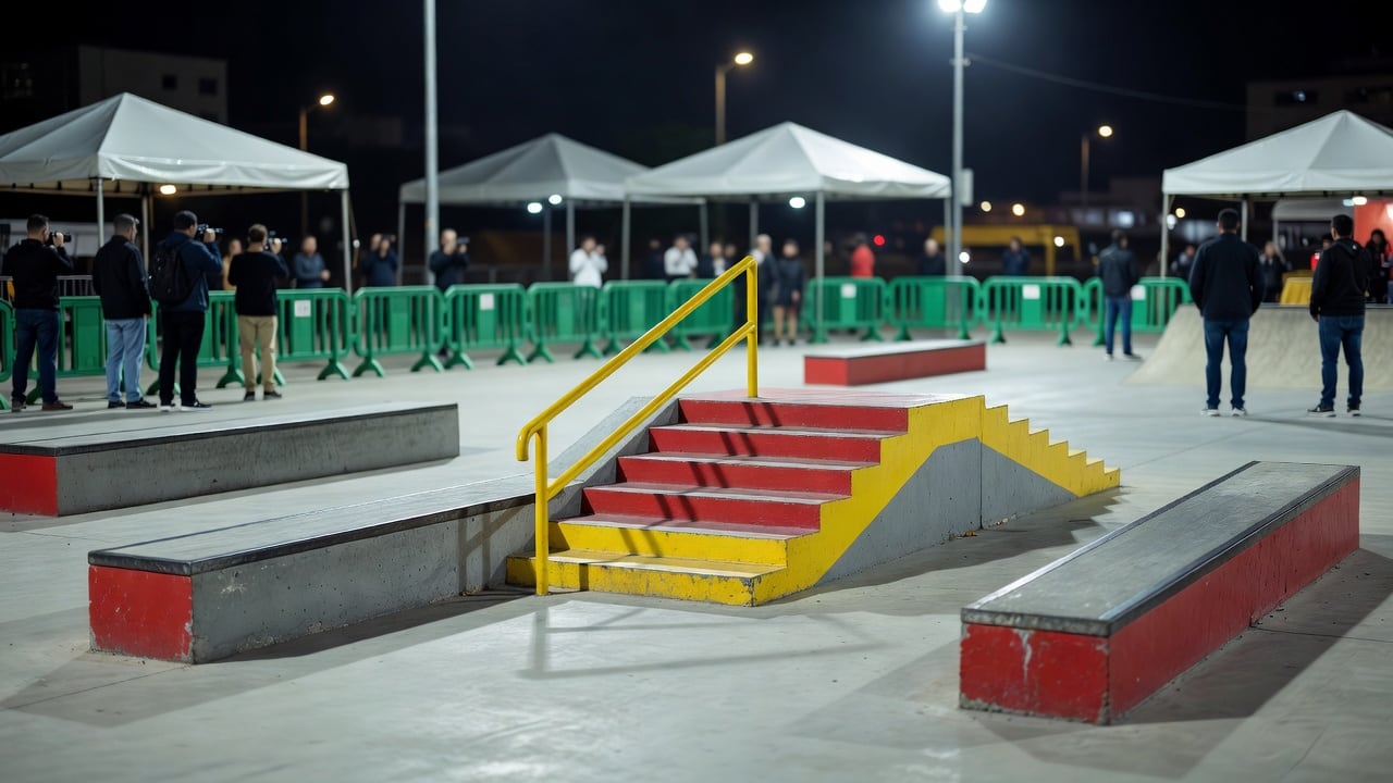 Ilustração do Bairrista sobre: A nighttime street skateboarding plaza with smooth concrete ground, a red-and-yellow stair set with a yellow handrail, and grey concrete led