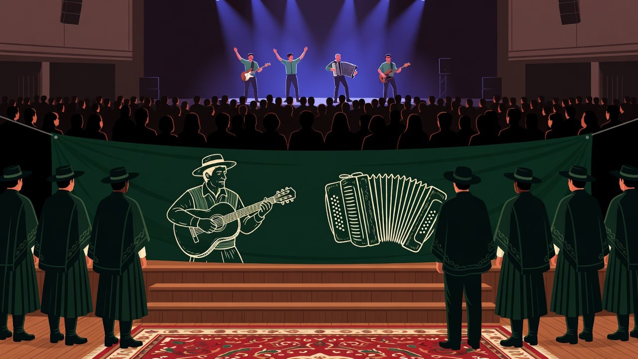 Ilustração do Bairrista sobre: Symbolic, non-literal editorial illustration (no reenactment of the event, no people): Indoor cultural hall stage at dusk-like evening, a ro