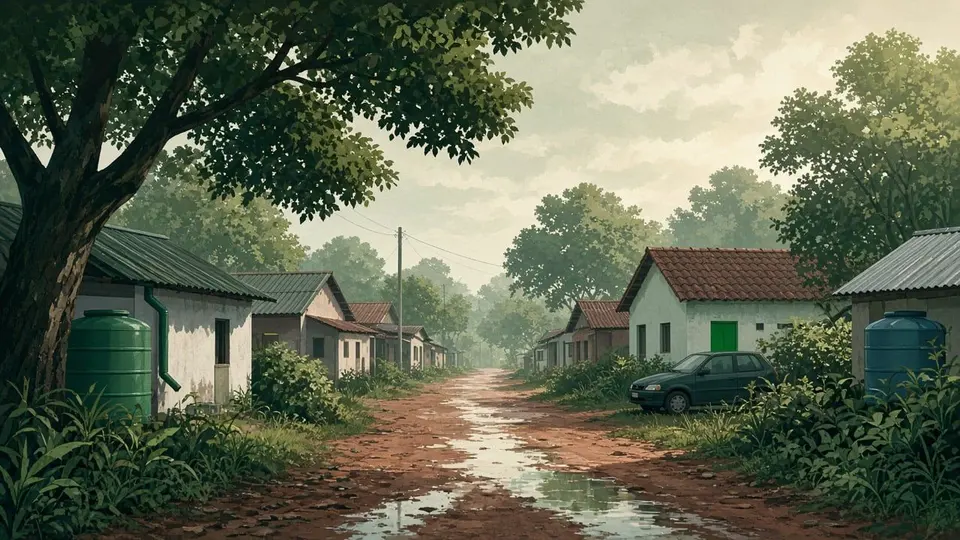 Ilustração: Rua de terra avermelhada em bairro simples, com casas de telhado de metal e cerâmica, árvores e caixas d'água ao