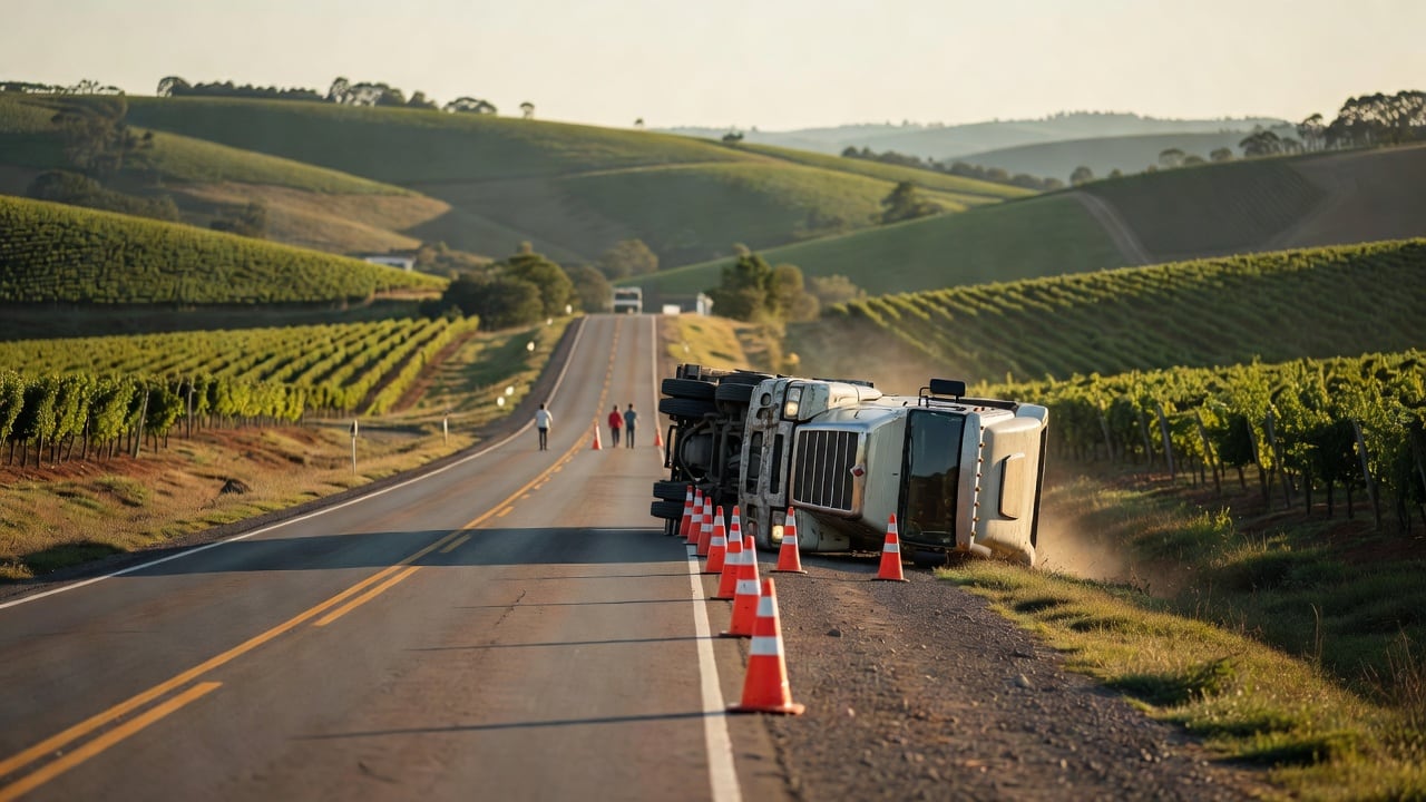 Ilustração do Bairrista sobre: wide view of a two-lane rural highway at the entrance of a small town in Brazil's hilly wine region, afternoon light, a large truck lying on