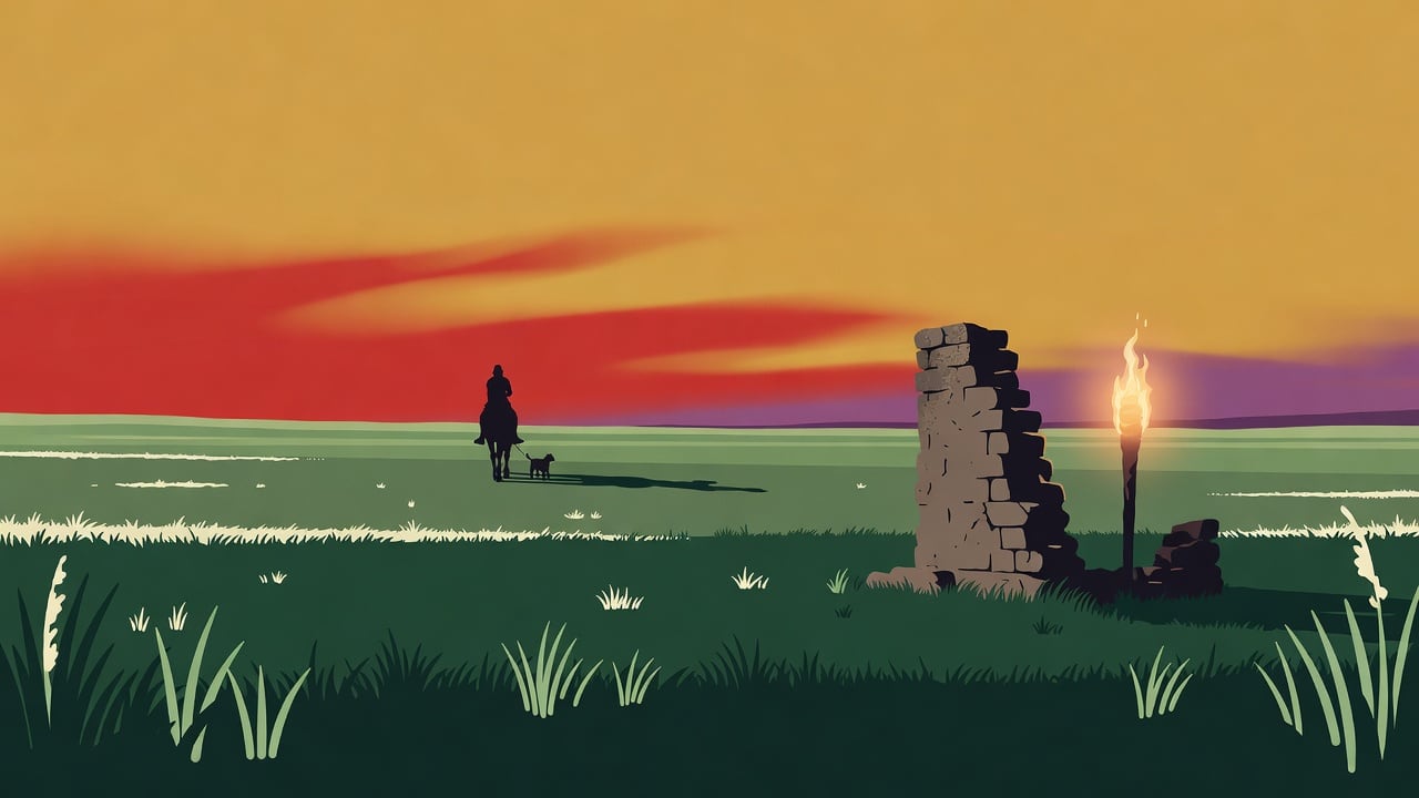 Ilustração do Bairrista sobre: Symbolic, non-literal editorial illustration (no reenactment of the event, no people): A warm sunset over a wide southern grassland, with a