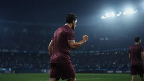 Jogo noturno em estádio, com arquibancadas escuras desfocadas e luz de refletores; um jogador de uniforme bordô comemora com